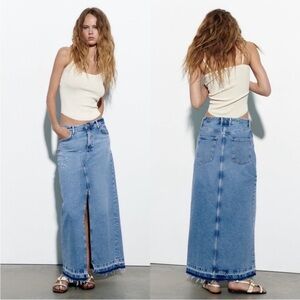 Zara TRF Maxi Denim Skirt S 100% Cotton Distressed Raw Hem Slit Boho Capsule